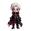 a young puppet boy with white hair and glowing red eyes, wearing a gothic fantasy coat, vest, and boots. steampunk details like buttons, belts, and gloves style, like castlevania