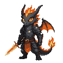 flame dragon with plated black armor and flame sword