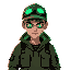 cyberpunk guy with army camouflage clothes and camouflage hat, neon green glowing eyes 