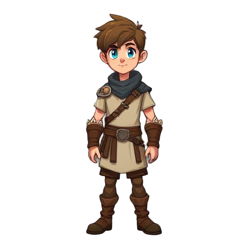 simple guy (warrior) age: late teens to early twenties height: average build: lean and athletic hair: short, messy brown hair eyes: bright blue attire: simple leather armor, a white tunic, and brown b