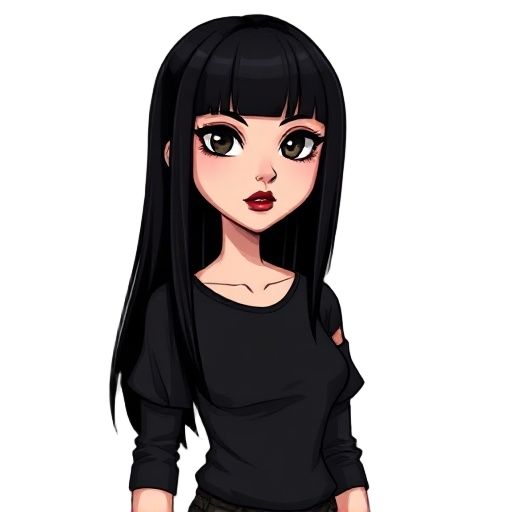 a realistic portrait of a young woman with long straight black hair and straight bangs covering her forehead, wearing dark alternative makeup with bold dark red lipstick and eyeliner. she has a piercing on her lower lip. she is dressed in a black shirt wi
