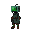 pixel sprite of an autonomous robot: a square monitor instead of a head with a green binary code. dressed in boots between brown and green, a long robe-coat in a cyberpunk style.