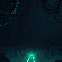 dark cyberpunk main menu background: intertwined cables in top corners, neon green binary stream at bottom, faint futuristic city silhouette.