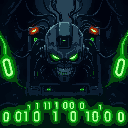 "dark menu with ominous wires in top corners, bright neon green 1s & 0s streaming along the bottom, and a menacing machine overlord in the center with a dangerous, wired look."
