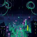 "dynamic dark cyberpunk menu background: animated, swirling cables in top corners with pulsating neon green binary rain at the bottom, and vibrant neon pulses illuminating a futuristic city silhouette