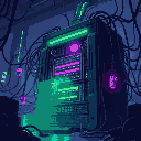 "a colossal computing machine collects luminous green data via cables and emits sinister purple infection through tangled wires. dark, ominous cyberpunk menu scene."