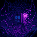 in a dark scene, intricate cables intertwine at the center, powering a menacing overlord machine wich draws in data through its tangled wiring while emitting a purple digital virus evoking danger