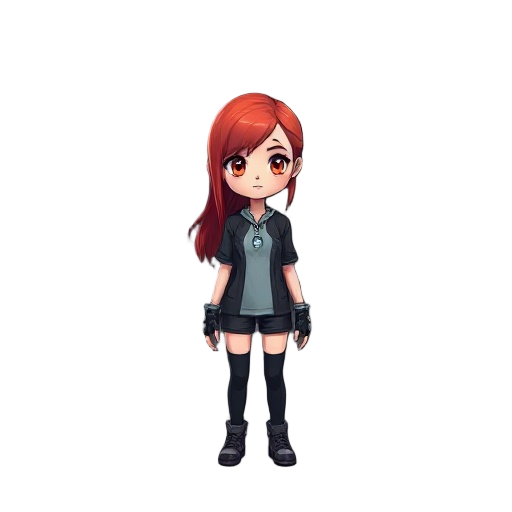 red haired realistic cyberpunk girl small head