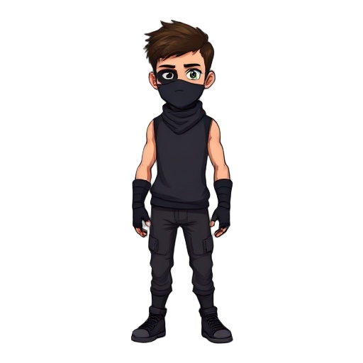 full shot of a male character, likely from a video game or similar digital media.  the character is depicted in a three-quarter view, standing. he has short, dark brown hair, and is wearing a dark-colored balaclava-style face covering.  his attire consist