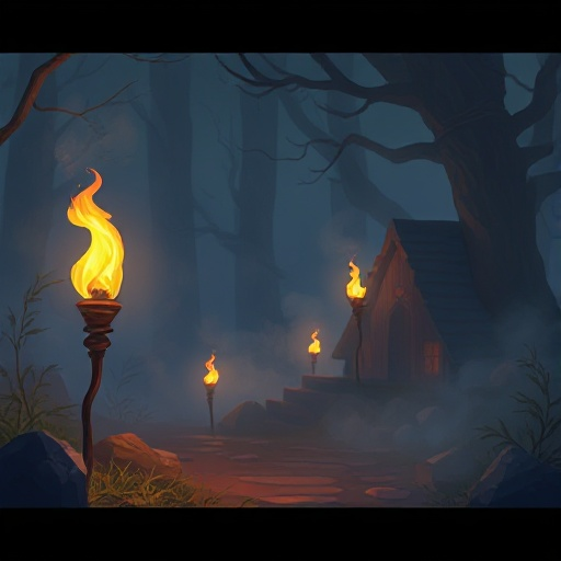 flickering torches, misty air.