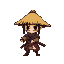 sideways lonesome chibi ragged samurai standing ready for duel with a straw hat