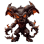 a terrifying imp from doom eternal, glowing orange eyes, sharp teeth, fire emanating from its body, demonic, ripped muscles, detailed textures, dynamic pose, hellish background, highly detailed, photo