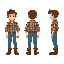 spritesheet of a hatless farmer, pixel art style, 4 directions (front, back, sides), 3 frames per direction. brown hair, plaid shirt, jeans, boots. simple and expressive.