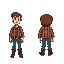 spritesheet of a hatless farmer, pixel art style, 4 directions (front, back, sides), 3 frames per direction. brown hair, plaid shirt, jeans, boots. simple and expressive.
