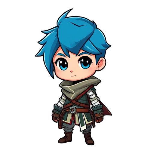 a young blue-haired adventurer wearing an assassin's creed style outfit