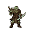 create a male sprite, orc warrior with a sheathed sword. must have movement in all directions of the compass rose. 64-bit pixel.