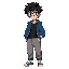 1boy, messy black hair, wearing glasses. he has a black t-shirt, an open blue jacket, and baggy pants. 