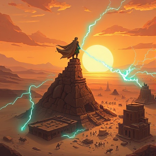 a lone nomadic elf trader stands atop a shattered ziggurat at dusk, desert winds whipping his cloak. below, rival caravans clash in the sands as turquoise lightning crackles from his amulet, casting eerie light over ancient ruins buried in dust.