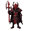 a dark knight with cursed right hand with color scheme of red and has a unique mask and he uses a big red sword and a axe and he rages when the curse effects him and has a big body and dark eyes