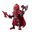 a knight with cursed right hand with color scheme of red and has a unique mask or helmet and he uses a big red sword and a axe and he rages when the curse effects him