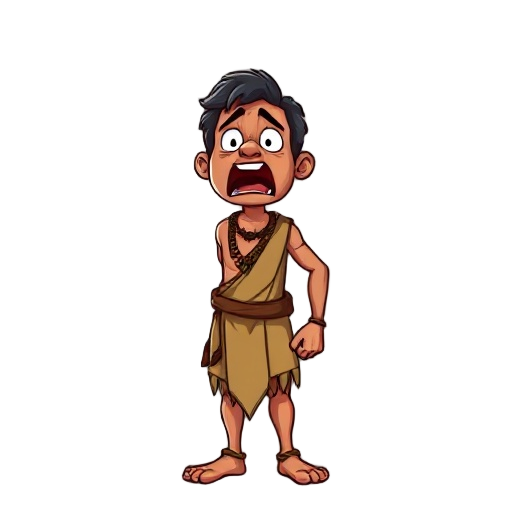indian guy, screaming and  afraid of sth, tanned, villager costume, hand should be within his side