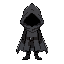 black character with gray hooded cloak