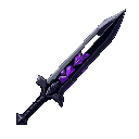 evil-looking royal sword, metallic black blade with purple crystal fragments embedded, ancient and powerful look, glowing effect, dark-themed sword