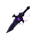 cursed sword with a jagged black blade, glowing purple aura or energy swirl around it, broken or cracked steel, ominous purple eye embedded in the hilt, dark fantasy style