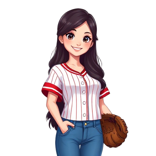  art portrait of a young woman with east asian features, long wavy dark hair, expressive eyes, and a warm smile. she wears a cropped white pinstriped baseball jersey with red sleeves, blue flared jeans, and holds a baseball glove. minimal shading with cle