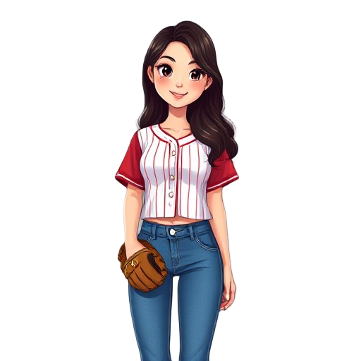  art portrait of a young woman with east asian features, long wavy dark hair, expressive eyes, and a warm smile. she wears a cropped white pinstriped baseball jersey with red sleeves, blue flared jeans, and holds a baseball glove. minimal shading with cle