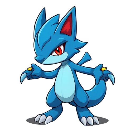  blue fur, red inner ears, a squinted eye (visible on the appropriate profile), star symbols on both arms, long claws, and a majestic stance. the sprite is formatted as a 48x48 pixel per frame png, re