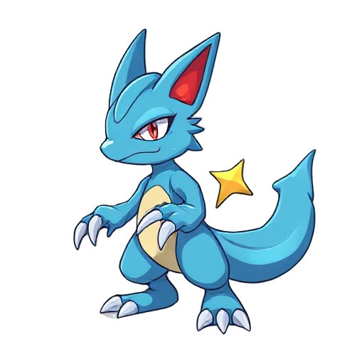  blue fur, red inner ears, a squinted eye (visible on the appropriate profile), star symbols on both arms, long claws, and a majestic stance. the sprite is formatted as a 48x48 pixel per frame png, re