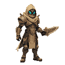 warrior from the dune universe, wearing a futuristic stillsuit with intricate desert-inspired armor. the character holds a crysknife in one hand