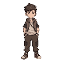 young male character with short hair and baggy clothes.