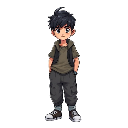 young male character with short hair and baggy clothes.