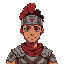 2d anime vtuber spartan, pose dinámica, casco con cresta roja, cabello negro ondulado, piel morena, armadura plateada detallada, ojos café brillantes, capa roja, estilo cel-shading