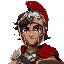spartan vtuber, full body, action pose. detailed helmet, red crest, wavy black hair. sharp, glowing brown eyes. bronze skin, silver armor, blue gems. tattered red cape, leather straps, small shield.