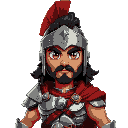 spartan vtuber, full body, action pose. detailed helmet, red crest, wavy black hair. sharp, glowing brown eyes. bronze skin, silver armor, blue gems. tattered red cape, leather straps, small shield.
