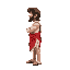 side profile of a cartoonish childlike jesus christ that is extremely muscular wearing a bright white rode with red sash and sandals facing right  
