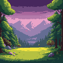 beautiful bright forrest area with trees on the side and vast open grassy area in the middle with mountains in the background with a dark purple sky