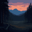 beautiful dark forrest area with trees on the side and vast open grassy area in the middle with mountains in the background around dusk