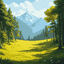 beautiful forrest area with trees on the side and vast open grassy area in the middle with mountains in the background during the summer