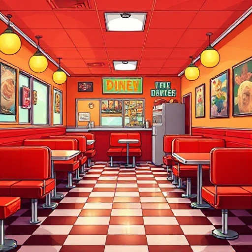 can you make a 250 high x 700 long pixels classic 70s diner based on this prompt? the local diner: a classic 1970s diner with a red/orange theme, checkered floors, and booths. it's a place to talk to npcs. the menu could be a fun bit of world-building. 
