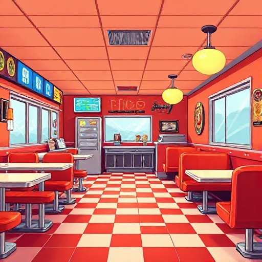 can you make a 250x700 classic 70s diner based on this prompt? the local diner: a classic 1970s diner with a red/orange theme, checkered floors, and booths. it's a place to talk to npcs. the menu could be a fun bit of world-building. 