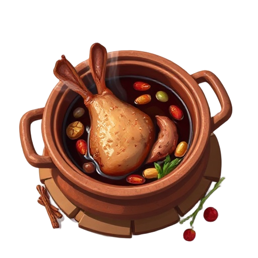 a rustic chinese clay pot filled with braised rabbit leg, chinese herbal ingredients like goji berries, red dates, and ginseng, steam rising from the rich dark broth, traditional taiwanese medicinal stew style, warm lighting, top-down food photography