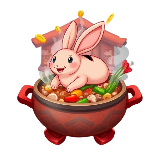 a steaming traditional taiwanese hot pot with tender rabbit meat, golden coins and red fortune symbols surrounding the pot, rich broth boiling with vegetables and mushrooms, festive chinese decor in the background, symbolizing luck and sudden wealth, food