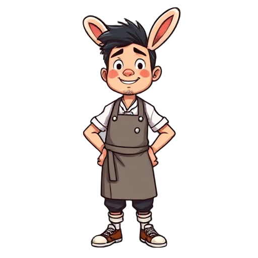 a scruffy but passionate taiwanese man in his mid-30s, formerly a video game engineer, now turned into a quirky chef running a rabbit meat specialty restaurant.