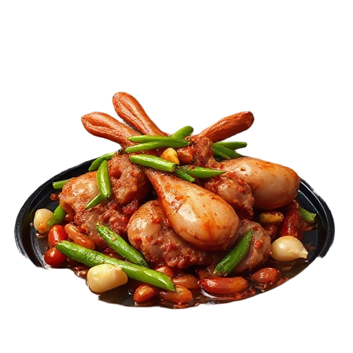 stir-fried rabbit meat with green peppers, garlic, and chili bean paste, served on a hot iron plate, glistening with oil and spice, sizzling steam effect, inspired by sichuan twice-cooked pork, close-up shot with dramatic lighting