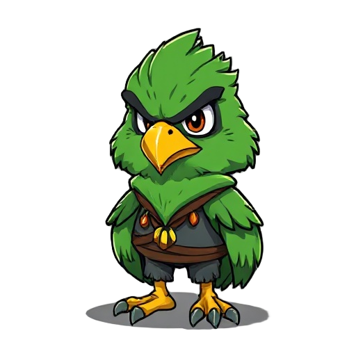 head and face: raivo has the head of a green eagle with thick feathers, a strong and sharp beak that shows determination, and eyes that give off a serious and firm look.  clothing: he wears a traditio