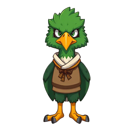 head and face: raivo has the head of a green eagle with thick feathers, a strong and sharp beak that shows determination, and eyes that give off a serious and firm look.  clothing: he wears a traditio